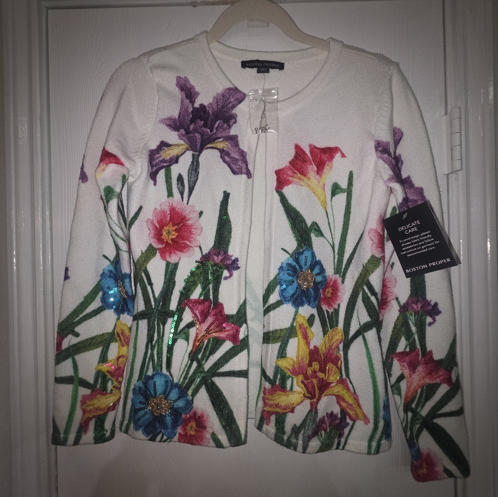 Boston Proper Floral Cardigan - White, Purple, Green, Blue, Yellow - Picture 4 of 10